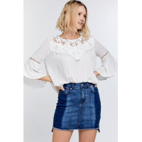 Cute Floral Mesh Lace Accent Yoke Crochet Detailed Tie-back Bell Sleeve Blouse Top