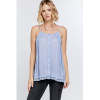 Boho Scallop Lace Trim Detailed Button Down Solid Subtle Textured Slit Side Overlay Layered Cami Top