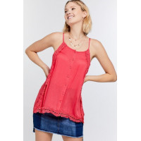Boho Scallop Lace Trim Detailed Button Down Solid Subtle Textured Slit Side Overlay Layered Cami Top