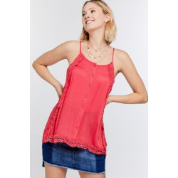 Boho Scallop Lace Trim Detailed Button Down Solid Subtle Textured Slit Side Overlay Layered Cami Top