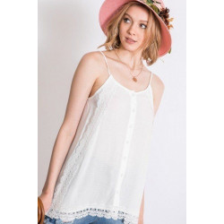 Boho Scallop Lace Trim Detailed Button Down Solid Subtle Textured Slit Side Overlay Layered Cami Top