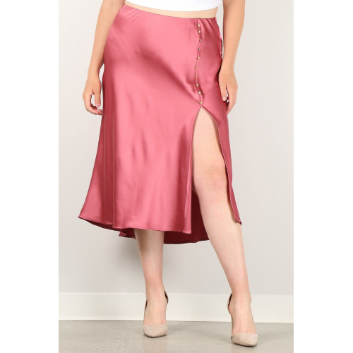 Solid High-waist Skirt With Button Trim And Side Slit