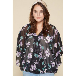 Plus Size Floral Chiffon Sheer Surplice Top