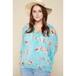Plus Size Floral Chiffon Sheer Surplice Top