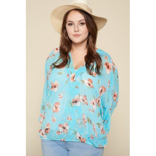 Plus Size Floral Chiffon Sheer Surplice Top