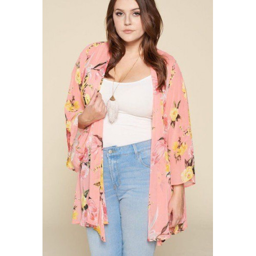 Plus Size Floral Printed Oversize Flowy And Airy Kimono With Dramatic Bell Sleeves