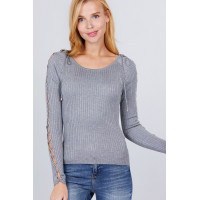 Long Sleeve W/strappy Detail Round Neck Rib Sweater Top