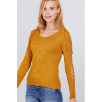 Long Sleeve W/strappy Detail Round Neck Rib Sweater Top
