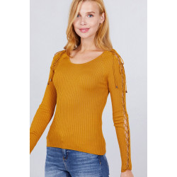 Long Sleeve W/strappy Detail Round Neck Rib Sweater Top