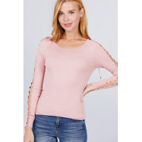 Long Sleeve W/strappy Detail Round Neck Rib Sweater Top