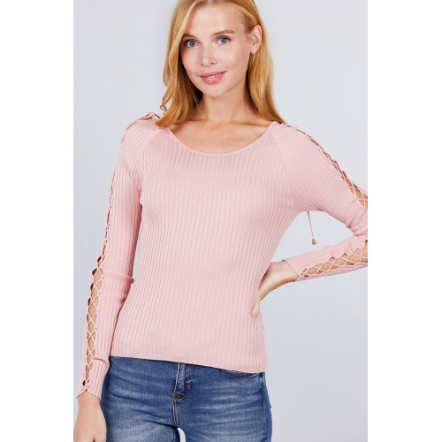 Long Sleeve W/strappy Detail Round Neck Rib Sweater Top