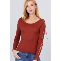 Long Sleeve W/strappy Detail Round Neck Rib Sweater Top