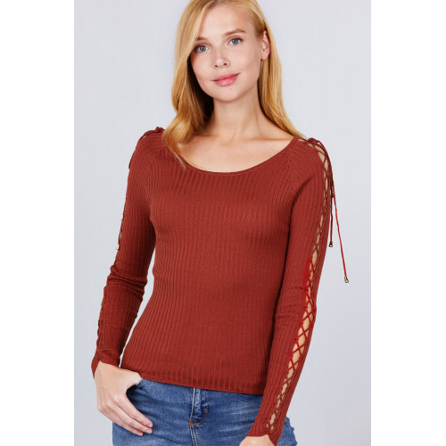 Long Sleeve W/strappy Detail Round Neck Rib Sweater Top