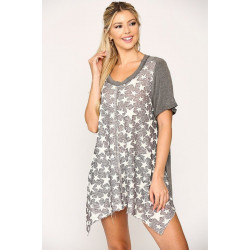 Star Textured Knit Mixed Tunic Top With Shark Bite Hem