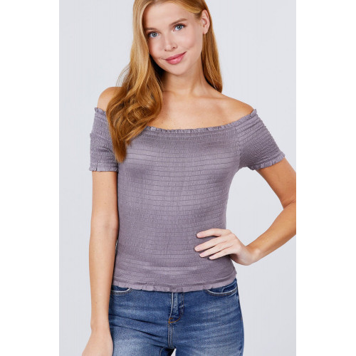 Short Sleeve Off The Shoulder Smocked Rayon Spandex Top