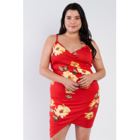Plus Size Floral Print V-neck Cinched Size Chic Mini Dress