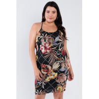 Plus Size Criss-cross Open Back Mini Floral Print Dress