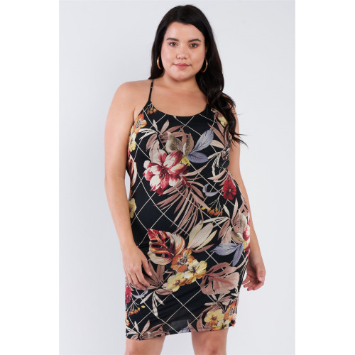 Plus Size Criss-cross Open Back Mini Floral Print Dress
