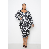 Polka Dot Drop Waist Ruched Midi Dress