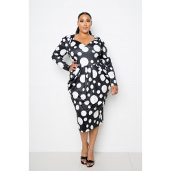 Polka Dot Drop Waist Ruched Midi Dress
