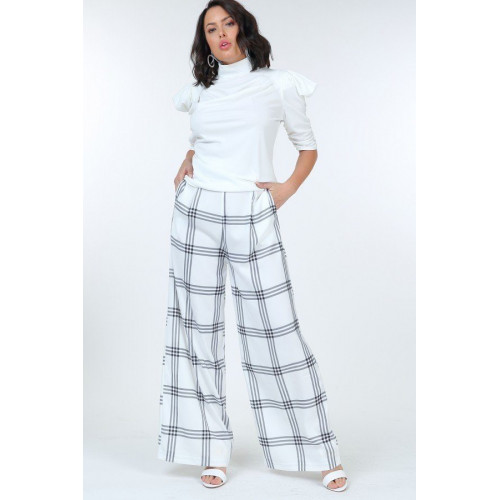 High Waist Plaid Print Wide Leg Pants