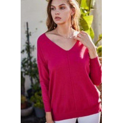 V Neck 3/4 Sleeve Side Slit Hi-lo Sweater