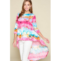 Tie-dye Venechia High Low Fashion Top With 3/4 Sleeves