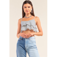 White And Navy Sleeveless Polka Square Layered Smock Back Cropped Top