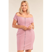 Plus Size Fitted Off-the-shoulder Front Zipper Bodycon Mini Dress