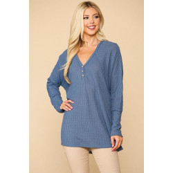 Waffle Knit And Woven Print Mixed Hi Low Flowy Tunic Top