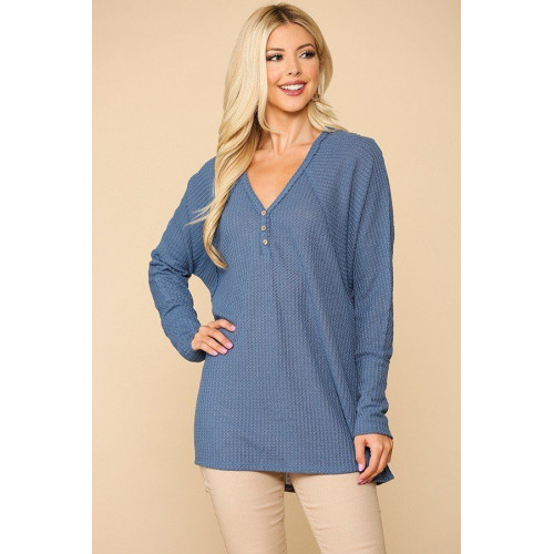 Waffle Knit And Woven Print Mixed Hi Low Flowy Tunic Top