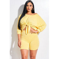 Solid French Terry Tie Front Off The Shoulder Slouchy Top And Shorts Two Piece Set