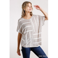 Horizontal And Vertical Striped Short Folded Sleeve Top With High Low Hem