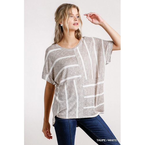 Horizontal And Vertical Striped Short Folded Sleeve Top With High Low Hem