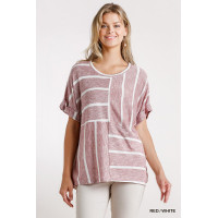 Horizontal And Vertical Striped Short Folded Sleeve Top With High Low Hem
