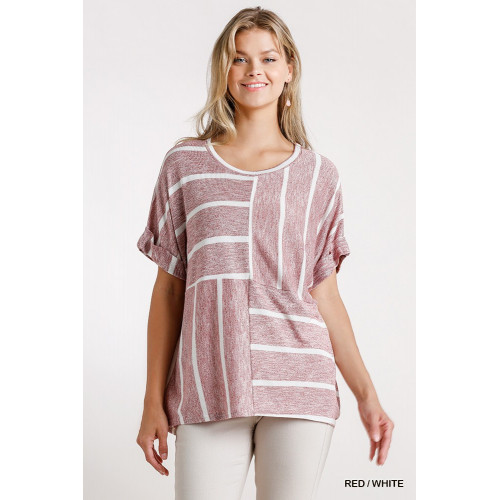 Horizontal And Vertical Striped Short Folded Sleeve Top With High Low Hem