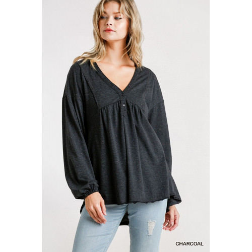 Confetti Detailed Long Puff Sleeve Babydoll Top With Button Front And Raw Hem