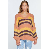 V-neck Cozy Thick Knit Stripe Pullover Sweater