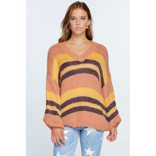 V-neck Cozy Thick Knit Stripe Pullover Sweater