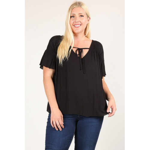 Plus Size Solid Top With A Necktie, Pleated Detail, And Flutter Sleeves