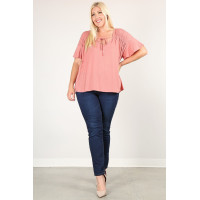 Plus Size Solid Top With A Necktie, Pleated Detail, And Flutter Sleeves