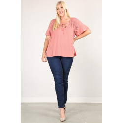 Plus Size Solid Top With A Necktie, Pleated Detail, And Flutter Sleeves