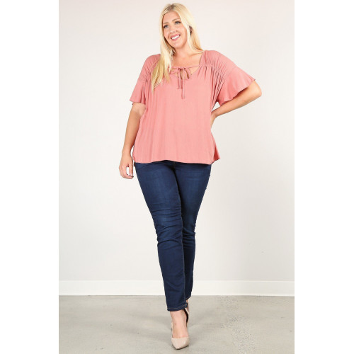 Plus Size Solid Top With A Necktie, Pleated Detail, And Flutter Sleeves
