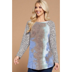 Plus Size French Terry Tie Dye Casual Color Block Top