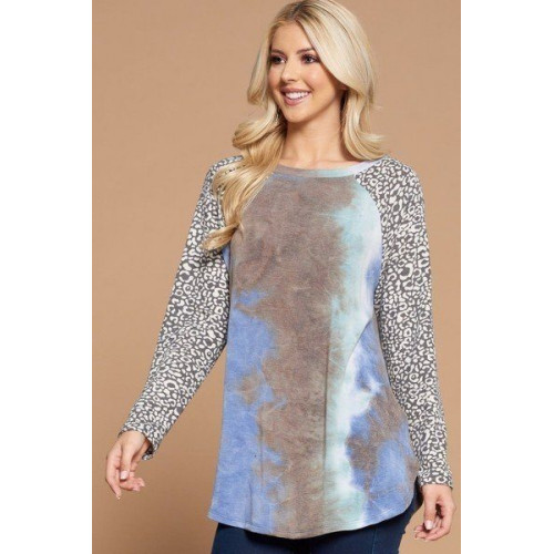 Plus Size French Terry Tie Dye Casual Color Block Top