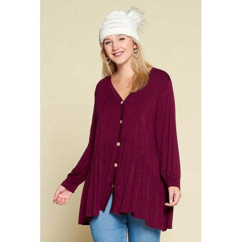 Plus Size Solid Heavy Rayon Modal Jersey Faux Button Up