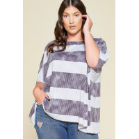 Stripe Printed Pleated Blouse Featuring A Boat Neckline And 1/2 Sleeves
