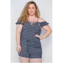 Plus Size Navy Floral Print Lace Up Romper