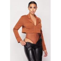 Deep-v Cropped Power Shoulder Blazer Bodysuit