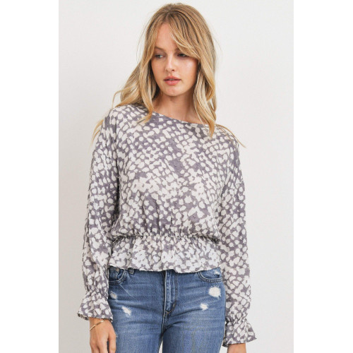 Ruffled Waist Drop Shoulder Long Sleeve Top